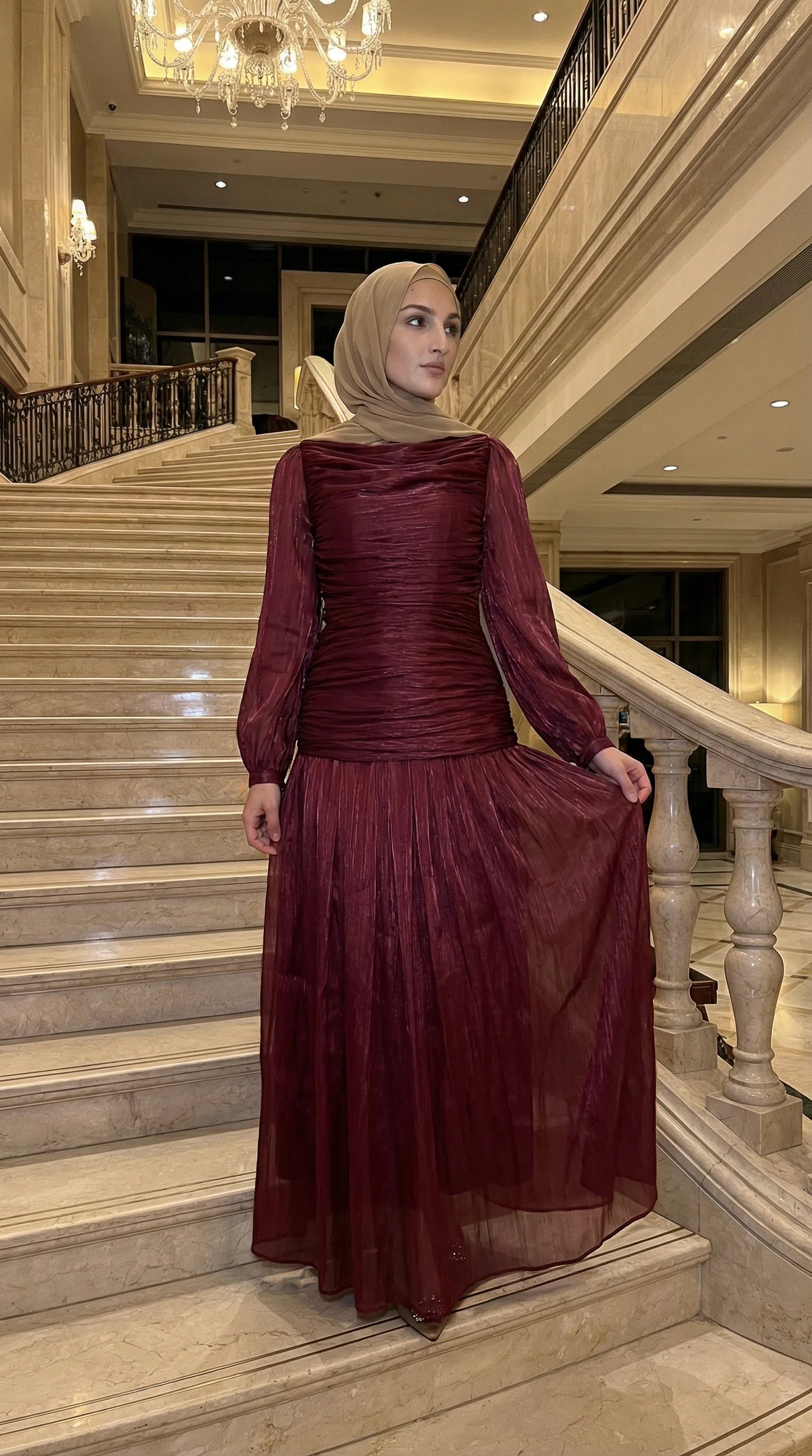 GALA-LUXE™ Ruched Lace-Back Abaya